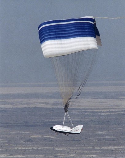 The X-38 Second Prototype Glides to a Landing over the Lakebed at the End of Its Fifth Flight at Edwards Air Force Base