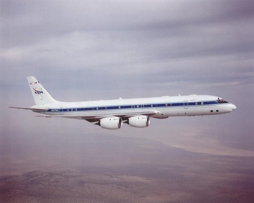 DC-8 returning from AFWEX deployment showing AeroSAPIENT Ku-band antennas