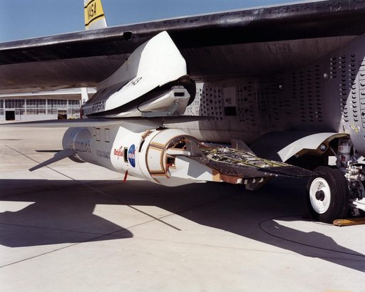The X-43A hypersonic research aircraft and its modified Pegasus® booster rocket mounted to NASA's NB-52B carrier aircraft at the Dryden Flight Research Center, Edwards, California