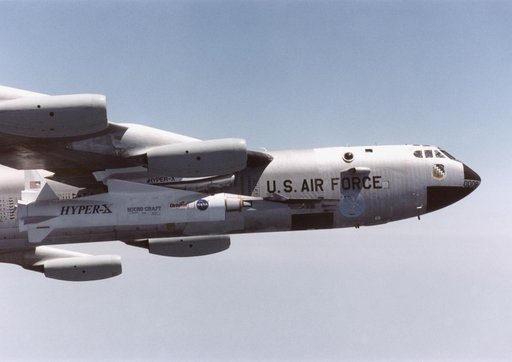 Close view of B-52/Pegasus with X-43A in flight