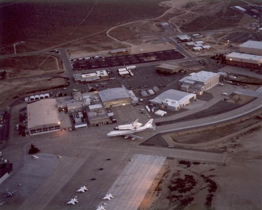 Aerial photo of NASA Dryden Flight Research Center with the Endeavour Space Shuttle and 747 Shuttle Carrier Aircraft taxiing on ramp