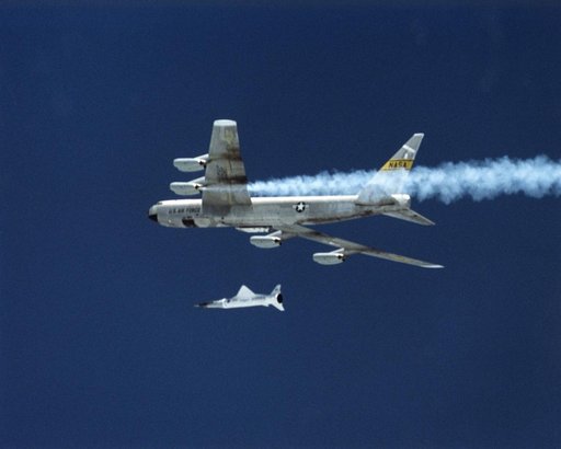 Moments after release from NASA's B-52 carrier aircraft, the X-43A/Pegasus "stack" is seen before ignition of the Pegasus rocket motor on