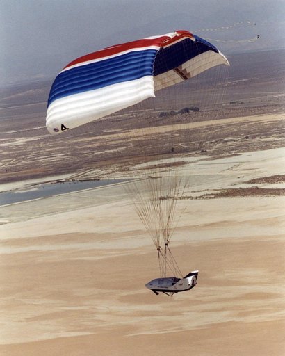 X-38 sails to a landing at NASA Dryden Flight Research Center July 10, 2001