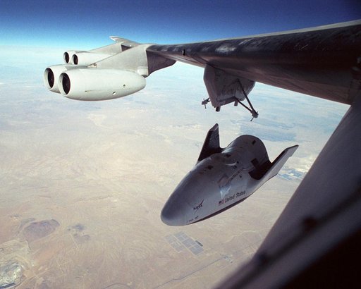 The X-38 Vehicle 131R drops away from its launch pylon on the wing of NASA's NB-52B mothership as it begins its eighth free flight on Thursday, December 13, 2001