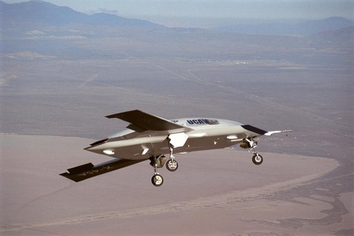 X-45A Unmanned Combat Air Vehicle, or UCAV, technology demonstration aircraft in flight during its first flight at Edwards Air Force Base, California