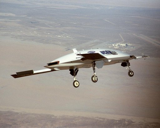 X-45A Unmanned Combat Air Vehicle, or UCAV, technology demonstration aircraft in flight during its first flight at Edwards Air Force Base, California