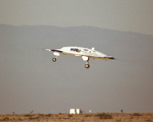 X-45A Unmanned Combat Air Vehicle, or UCAV, technology demonstration aircraft in flight during its first flight at Edwards Air Force Base, California