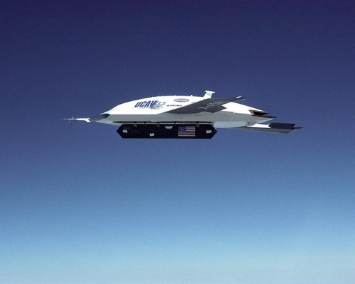 X-45A Air Vehicle #1 during flight #13, with weapons bay door open