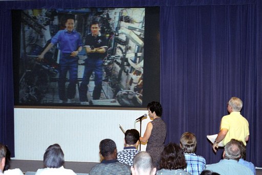 Teacher Kim Cantrell from the Edwards Air Force Base Middle School, Edwards, Calif., participating in a live uplink at NASA Dryden as part of NASA's Explorer Schools program, asks the crew of the International Space Station a question