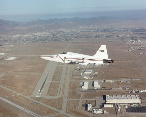 Northrop Grumman Corporation's modified U.S. Navy F-5E Shaped Sonic Boom Demonstration (SSBD) aircraft flies over the company's Palmdale, Calif. facilities on Aug. 2, 2003
