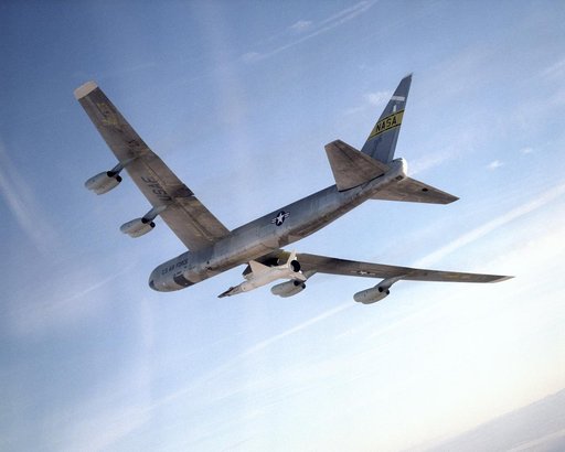 NASA's B-52 mother ship carries the X-43A and its booster rocket on a captive carry flight Jan. 26, 2004