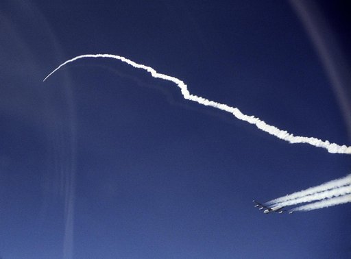 he second X-43A and its modified Pegasus booster rocket accelerate after launch from NASA's B-52B launch aircraft over the Pacific Ocean