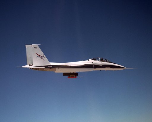 NASA's F-15B conducts a local Mach investigation flight over California's Mojave Desert.