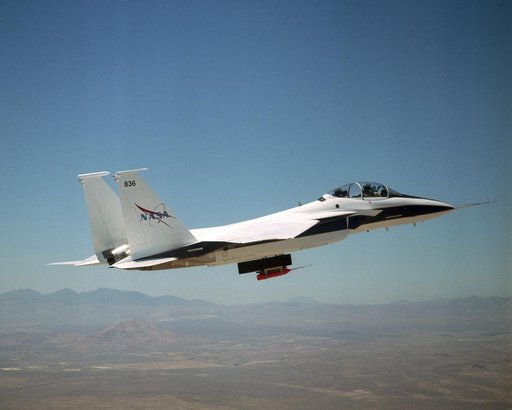 NASA's F-15B conducts a local Mach investigation flight over California's Mojave Desert.