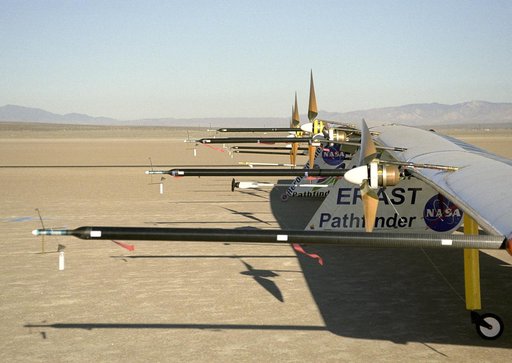 Sensitive instruments on wing-mounted booms measure air turbulence and its effect on the stability of the Pathfinder-Plus solar-electric flying wing.