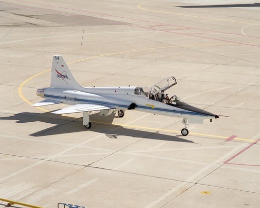 Pilot Gordon Fullerton taxies NASA Dryden's "newest" mission support aircraft, a T-38 Talon, into position on the ramp upon its arrival on February 24, 2005