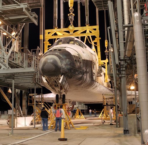 The Space Shuttle Discovery receives post-flight servicing in the Mate-Demate Device (MDD) at NASA's Dryden Flight Research Center, Edwards, California