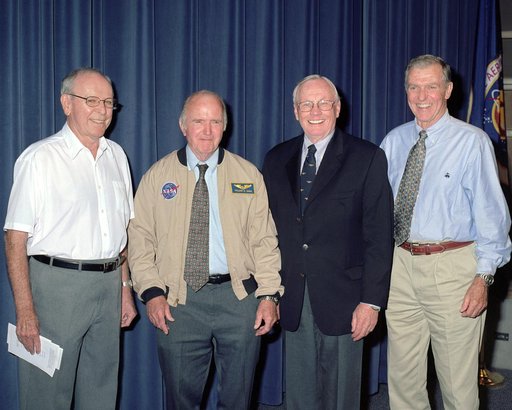 Robert White, Bill Dana, Neil Armstrong and Joe Engle were on hand when astronaut wings were presented to the three NASA pilots who flew the X-15 into space.