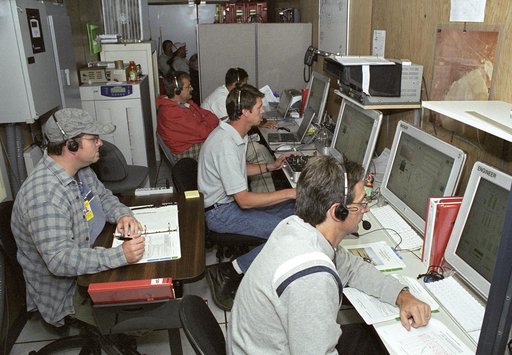 AeroVironment engineers and technicians closely monitor flight data in the ground control station during the Pathfinder-Plus' turbulence measurement flights.