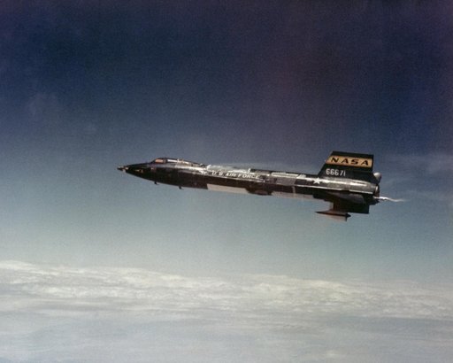 X-15A-2 in flight. First flight wih dummy ramjet attached. Flt. 2-51-92, Pete Knight-pilot. One of the experiments planned for the X-15A-2 involved tests of a functional ramjet at speeds above Mach 5. This photo was taken with a dummy ramjet. On this rese