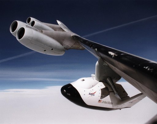 X-38 on B-52 Wing Pylon - View from Observation Window