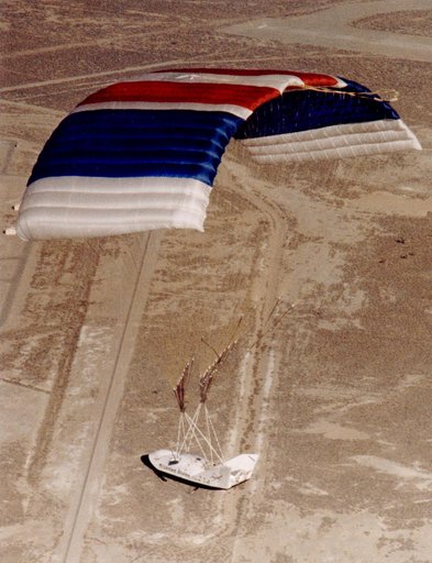 X-38 Vehicle #132 in Flight with Deployed Parafoil during First Free Flight