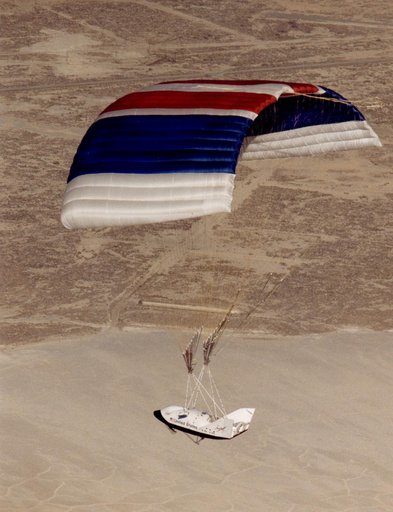X-38 Vehicle #132 in Flight with Deployed Parafoil during First Free Flight