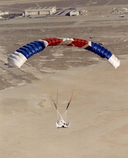 X-38 Vehicle #132 in Flight Approaching Landing during First Free Flight