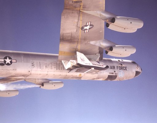 X-38 Ship #2 Mated to B-52 Mothership in Flight