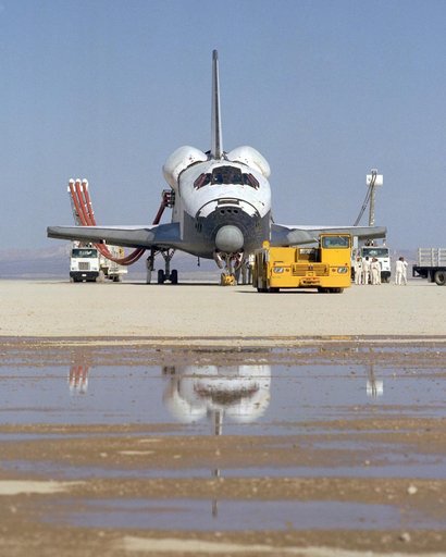 The Space Shuttle Columbia on Rogers Dry lakebed at Edwards AFB after landing to complete its first orbital mission on April 14, 1981