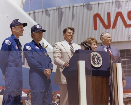 President Ronald Reagan speaks to a crowd of more than 45,000 people at NASA's Dryden Flight Research Center following the landing of STS-4 on July 4, 1982