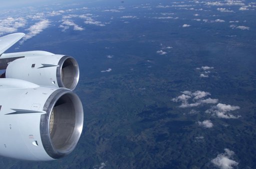 This is a photograph from the left side of the aircraft as NASA's DC-8 does an AirSAR 2004 research "line" over Honduras