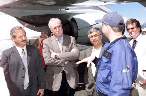 Personnel viewing AirSAR hardware while touring the outside of NASA's DC-8 during a stop-off on the AirSAR 2004 Mesoamerica campaign