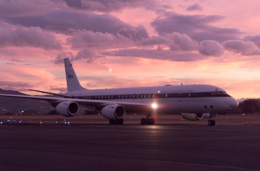 NASA's DC-8 flying laboratory seen at sunset after a flight supporting the AirSAR 2004 Mesoamerica campaign