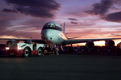 NASA's DC-8 flying laboratory seen at sunset after a flight supporting the AirSAR 2004 Mesoamerica campaign