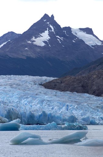 Glacier Grey in front of The Cuernos del Paine mountains, photographed from Lago Grey (Grey Lake) during NASA's AirSAR 2004 campaign in Chile