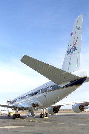 NASA’s DC-8 aircraft at Carlos Ibanez International Airport in Punta Arenas, Chile. A portion of AirSAR hardware is visible on the left rear fuselage