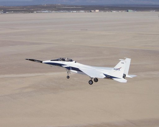 Approaching the runway after the first evaluation flight of the Quiet Spike project, NASA's F-15B testbed aircraft cruises over Roger's Dry Lakebed
