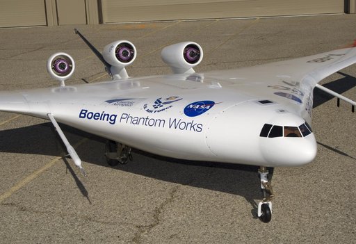 This closeup of Boeing Phantom Works' unique X-48B Blended Wing Body technology demonstrator shows off its unusual engine placement and supercritical airfoil