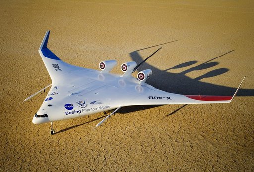 Boeing's X-48B Blended Wing Body technology demonstrator shows off its unique lines at sunset on Rogers Dry Lake adjacent to NASA DFRC