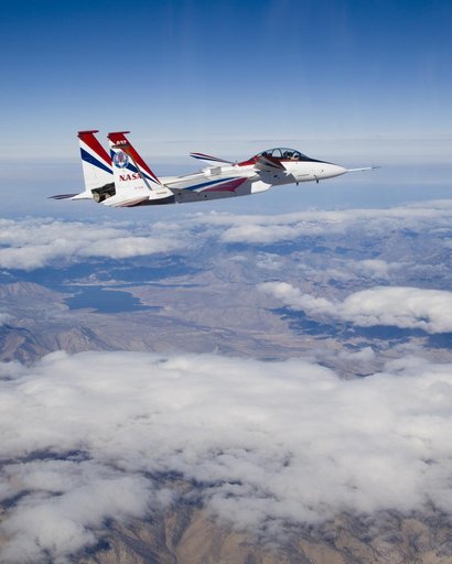 NASA's highly modified NF-15B research aircraft cruises over Southern California's Tehachapi Mountains near Lake Isabella during a research mission.