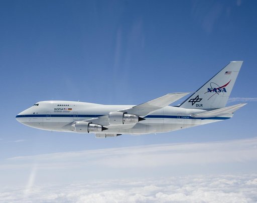 NASA's Stratospheric Observatory for Infrared Astronomy is silhouetted against the sky as it soars on its second check flight near Waco, Texas on May 10, 2007