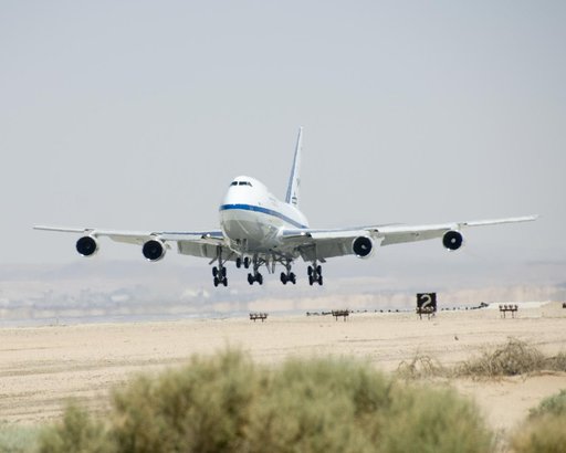 NASA's Stratospheric Observatory for Infrared Astronomy (SOFIA) Boeing 747SP flares for landing at Edwards AFB after a ferry flight from Waco, Texas