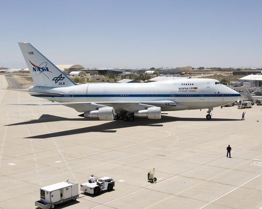 NASA's SOFIA 747SP bearing a German-built 2.5-meter infrared telescope in its rear fuselage taxis up to NASA Dryden's ramp after a ferry flight from Waco, TX
