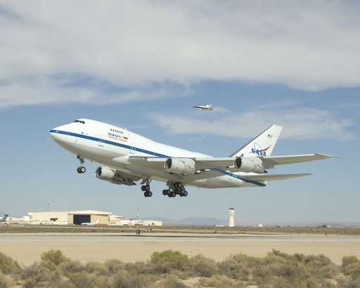 NASA's SOFIA infrared observatory lifts off on the first of a series of test flights to verify the flight performance of the highly modified Boeing 747SP