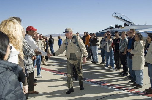 Retired NASA research pilot and former astronaut Gordon Fullerton was greeted by scores of NASA Dryden staff who bid him farewell after his final NASA flight.