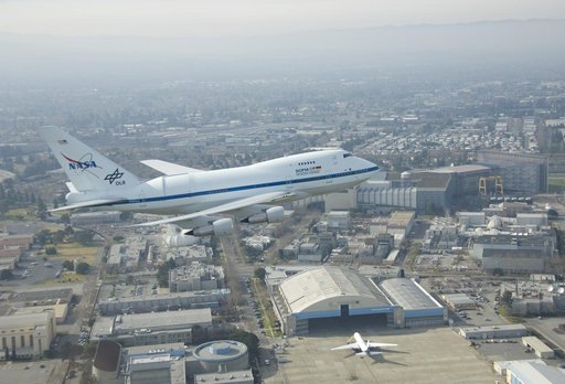 NASA's SOFIA flying observatory makes a low pass over NASA Ames Research Center prior to landing at Moffett Field for a brief visit on Jan. 14, 2008