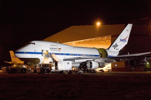 NASA's SOFIA flying observatory was captured in striking relief during nighttime telescope characterization tests in Palmdale, Calif., in March 2008