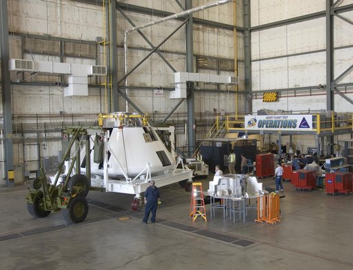 NASA's first Orion full-scale abort flight test crew module was placed in NASA Dryden's Abort Flight Test integration area for equipment installation.