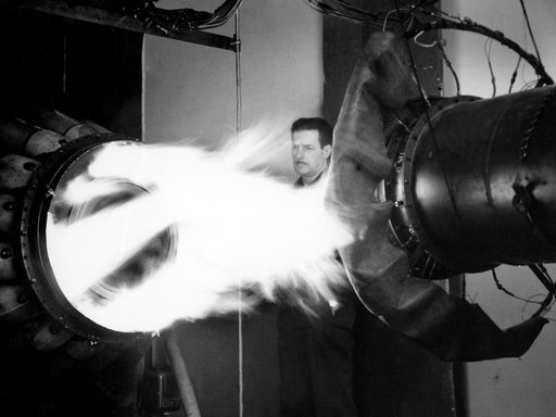 Mechanic watches a General Electric I-40 Engine Fire